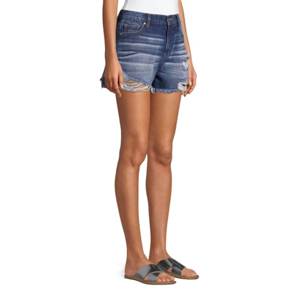 No Boundaries Dark Wash Destructed Mom Shorts - Size 3 High Rise - Blue Denim - Picture 3 of 10